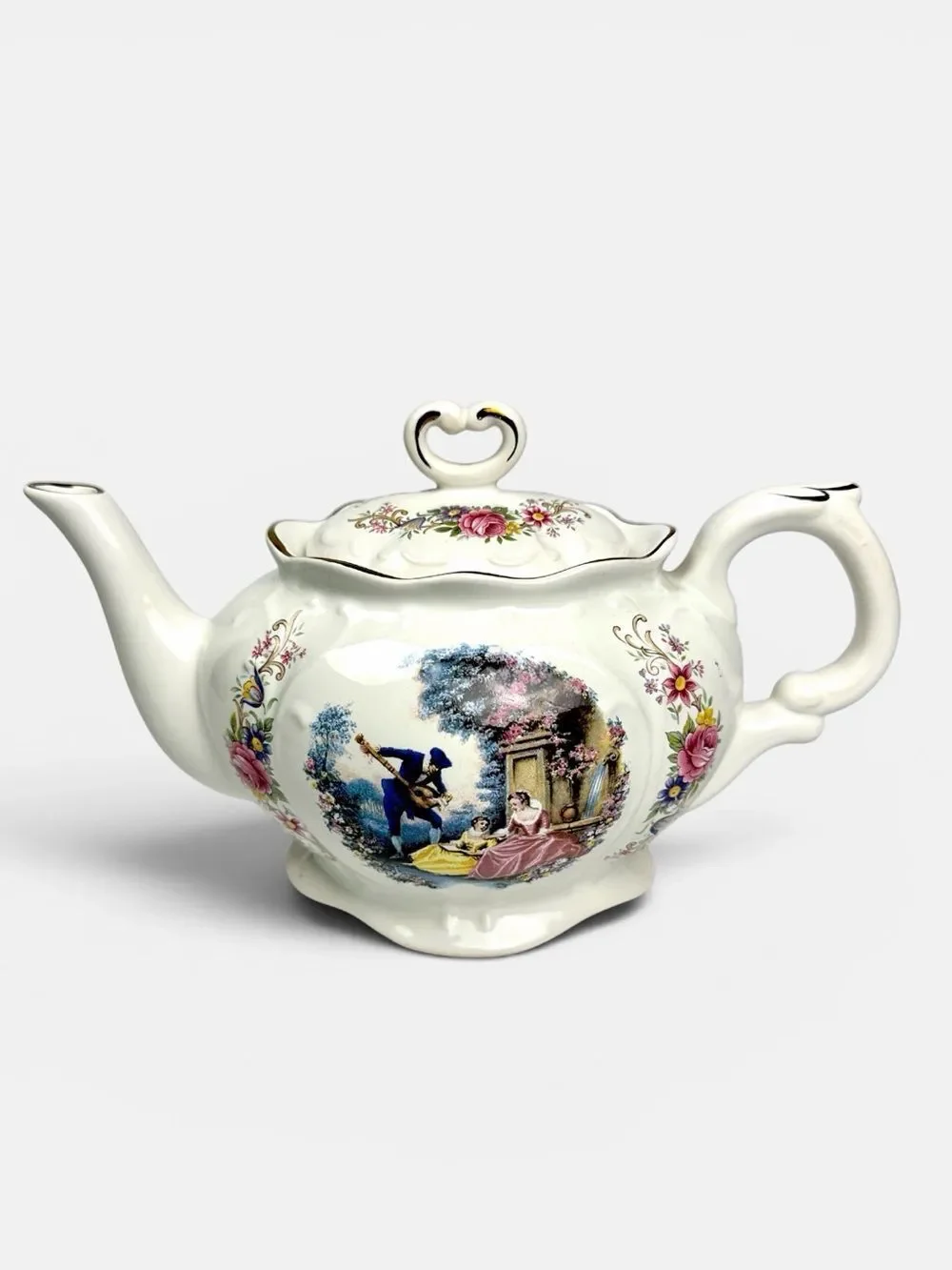 Caledonia Staffordshire England Teapot Floral Courting Scene Gold Trim 6 Cups